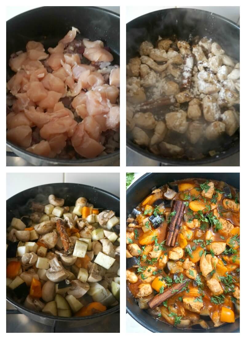 Collage of 4 photos to show how to make moroccan chicken tagine.