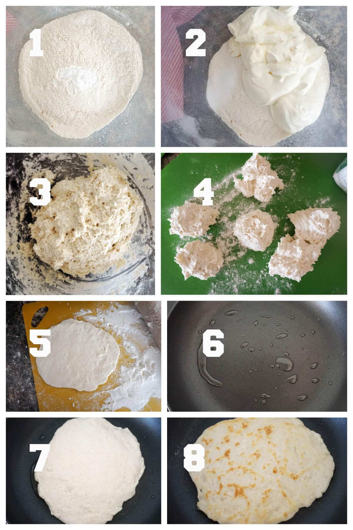 Collage of 8 photos to show how to make yogurt flat bread.