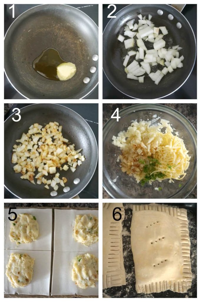 Collage of 6 photos to show how to make potato, cheese and onion pasty
