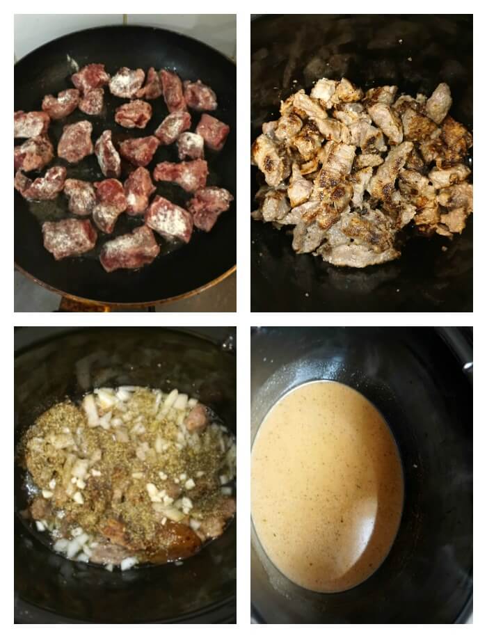 Collage of 4 photos to show how to make beef tips with gravy in the slow cooker.