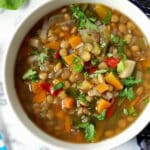 Overhead shoot of a white bowl with lentil soup