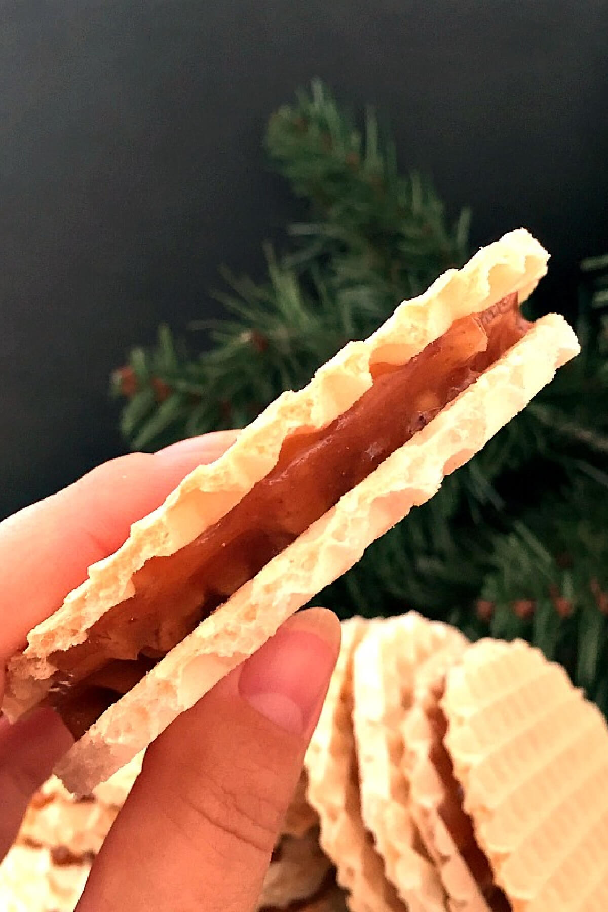 A hand holding a caramel wafer