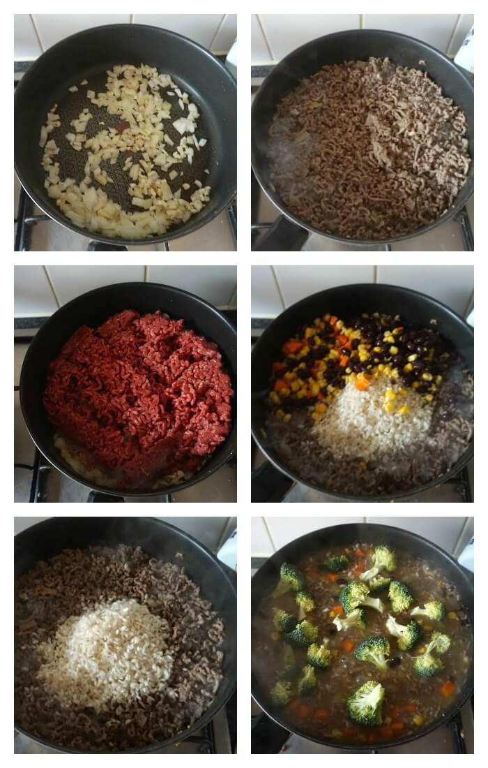 Collage of 6 photos to show how to make ground beef and rice casserole.