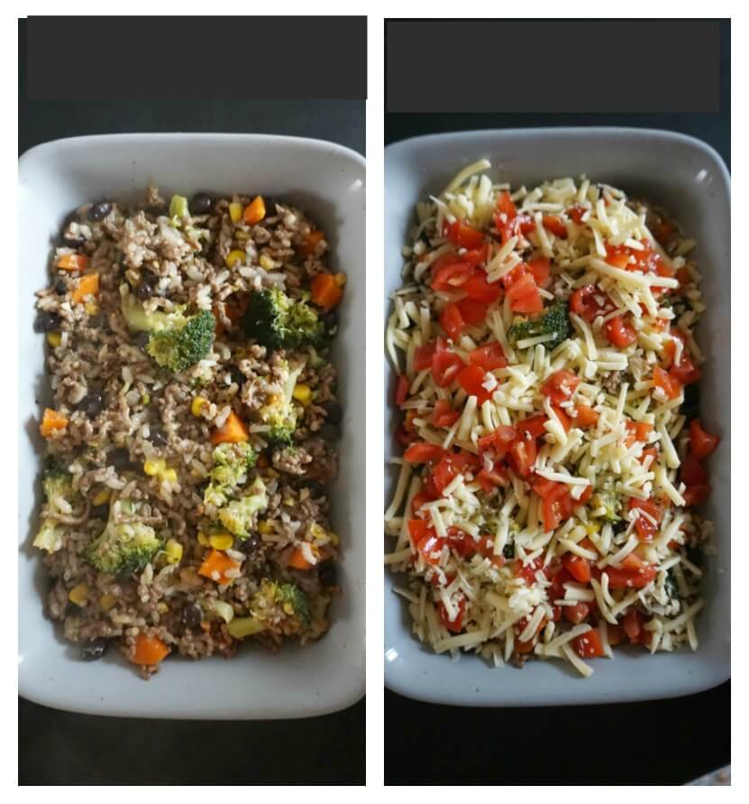Collage of 2 photos to show how to make cheesy ground beef and rice casserole.