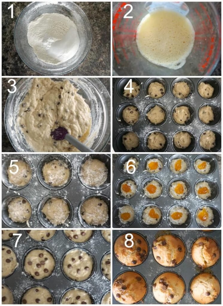 Collage of 8 photos to show how to make choc chip muffins with jam filling