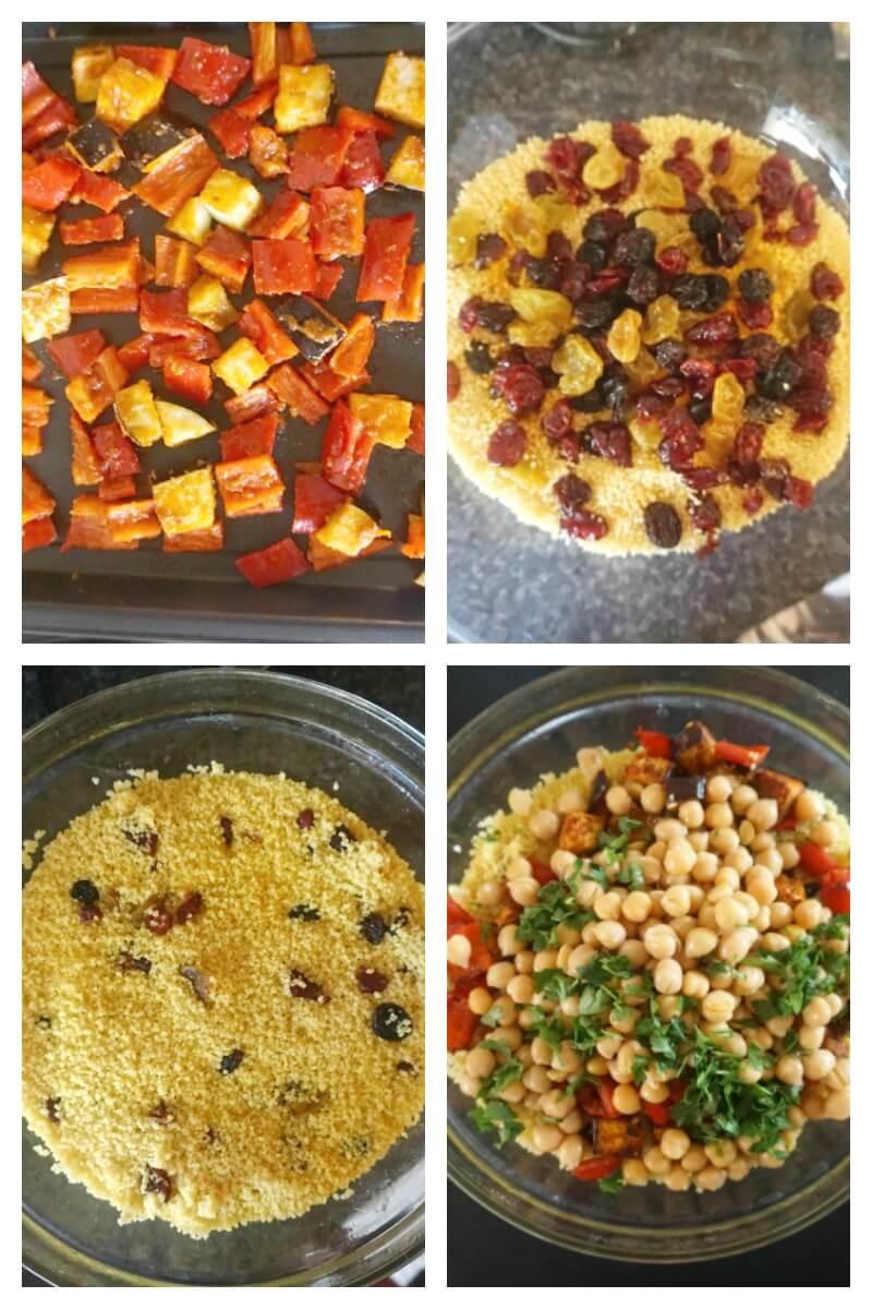 Collage of 4 photos to show how to make Moroccan couscous salad.