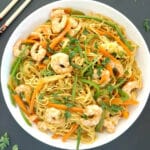Overhead shoot of a bowl with noodle stir fry