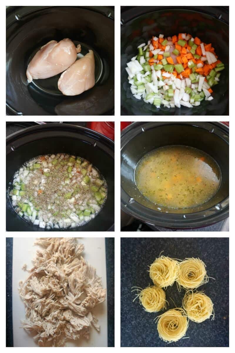 Collage of 6 photos to show how to make chicken and noodle soup in the slow cooker.