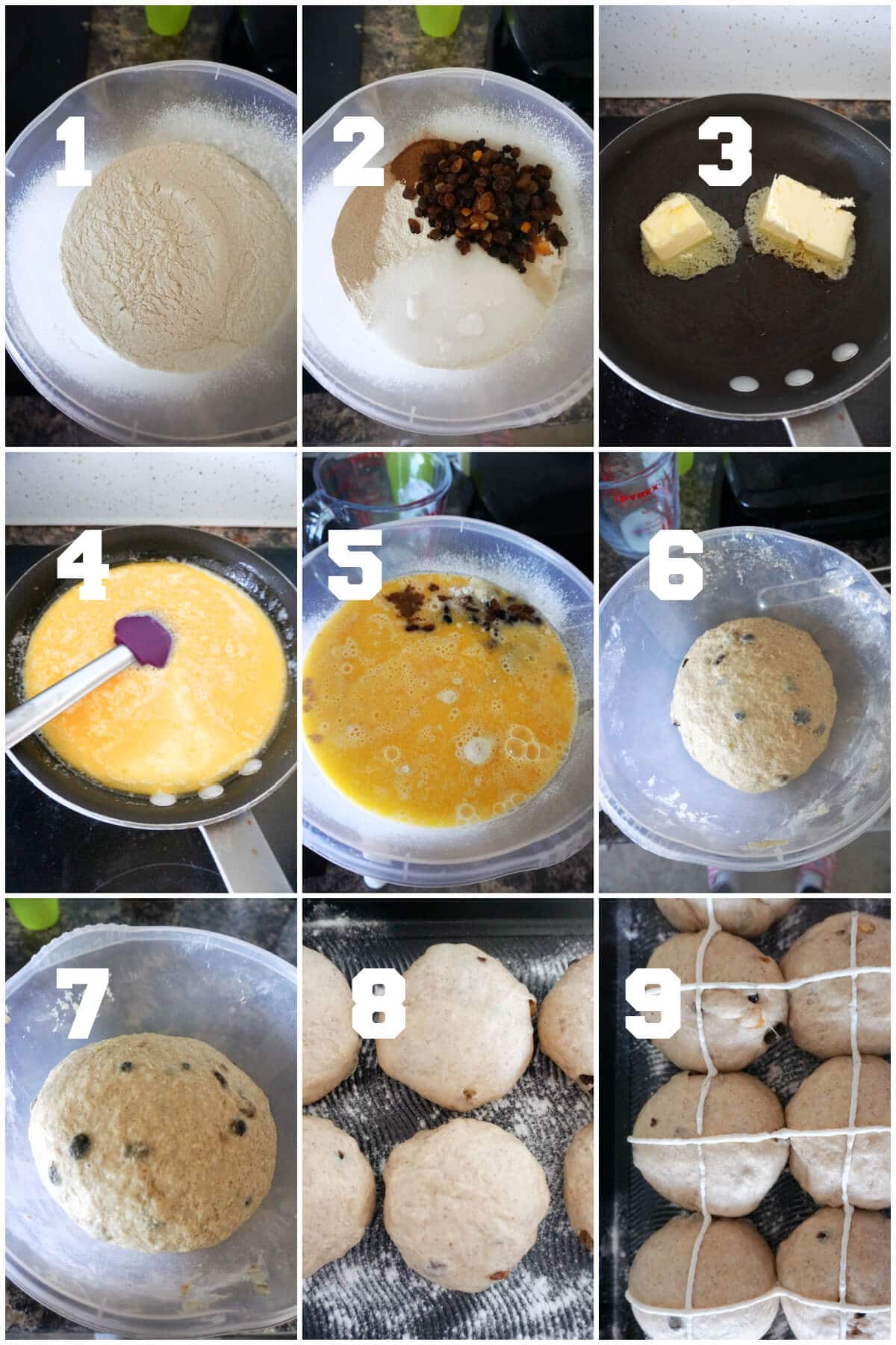 Collage of 9 photos to show how to make hot cross buns.