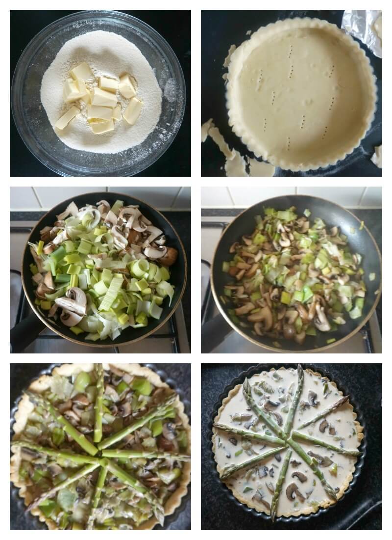 Collage of 6 photos to show how to make a quiche step by step.