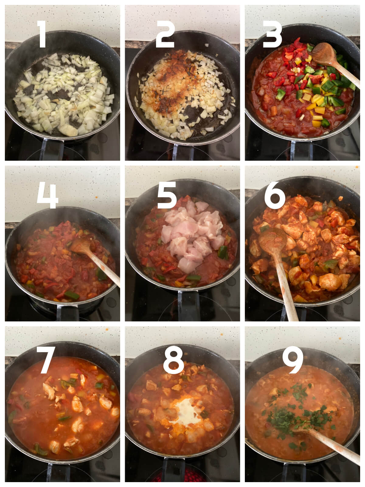 Collage of 9 photos to show how to make chicken goulash.