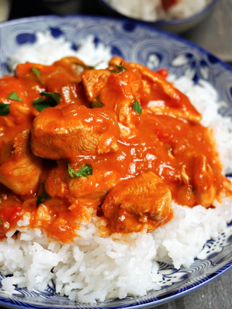 A blue bowl with chicken goulash on a bed of rice