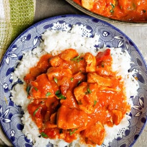 Overhead shoot of a blue plate with chicken goulash on a bed of rice