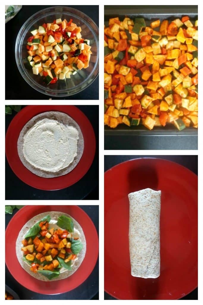 Collage of 5 photos to show how to make hummus wrap