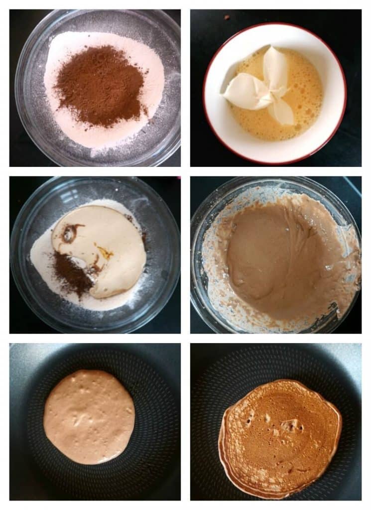 Collage of 6 photos to show how to make fluffy chocolate pancakes
