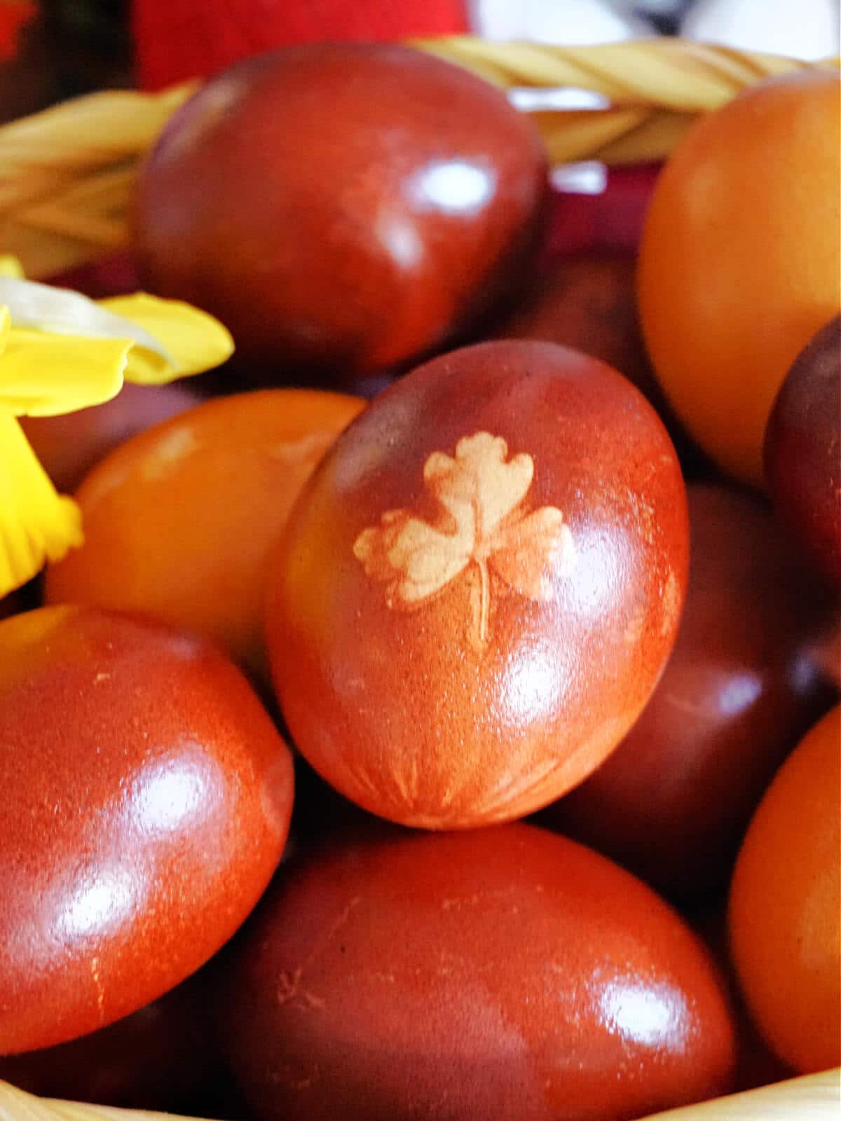 Close-shot of red-dyed eggs
