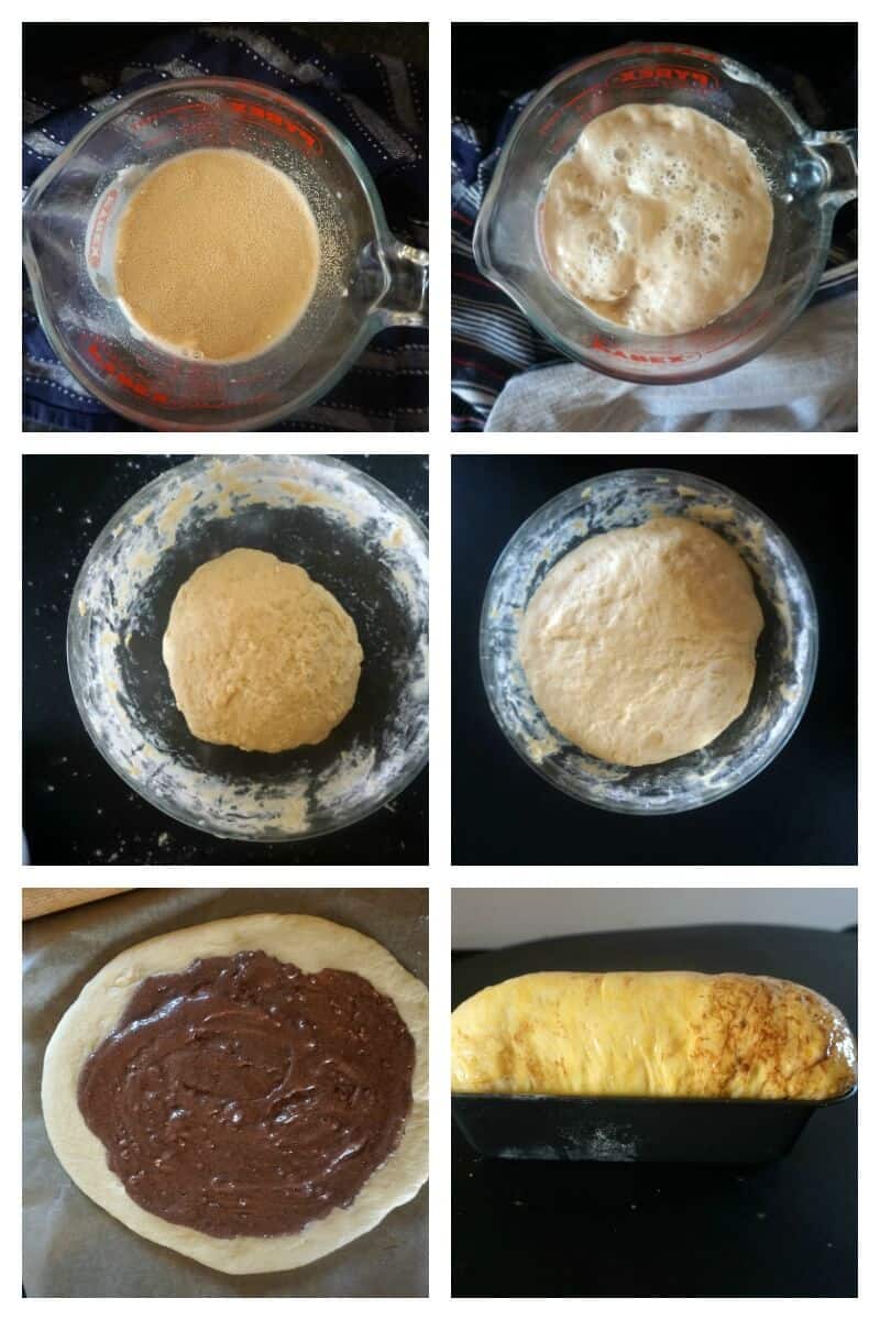 Collage of 6 photos to show how to make Romanian Cozonac.