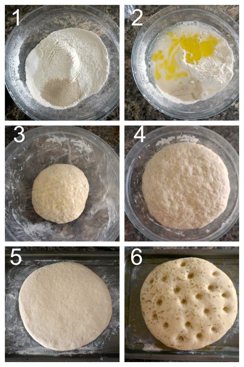 Collage of 6 photos to show how to make focaccia.