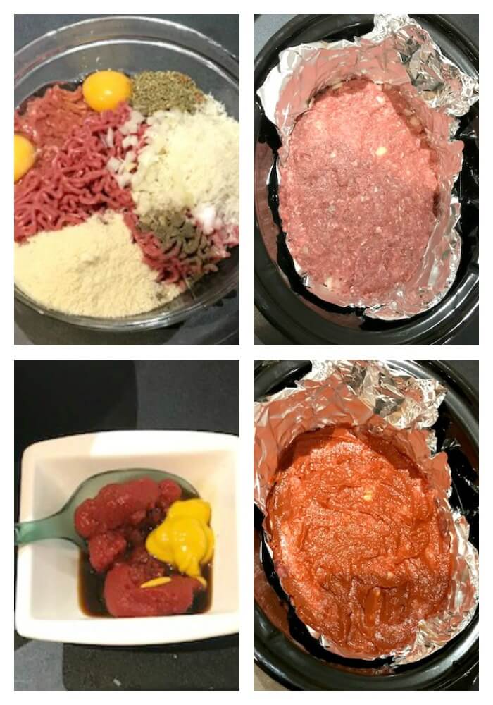 Collage of 4 photos to show how to make meatloaf in the crock pot
