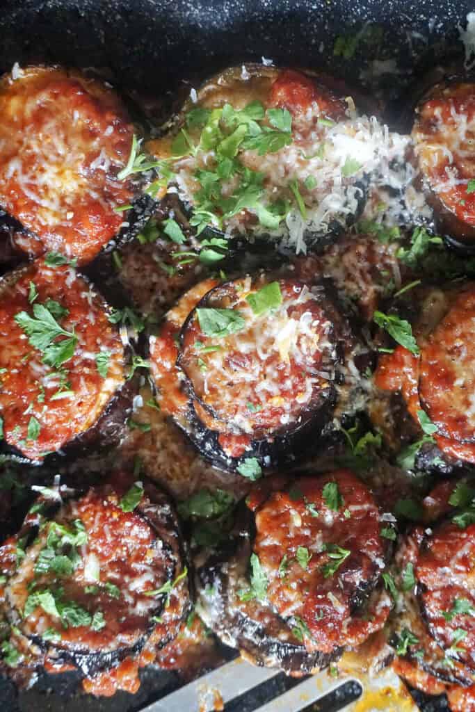 Close-up of stacked eggplant.