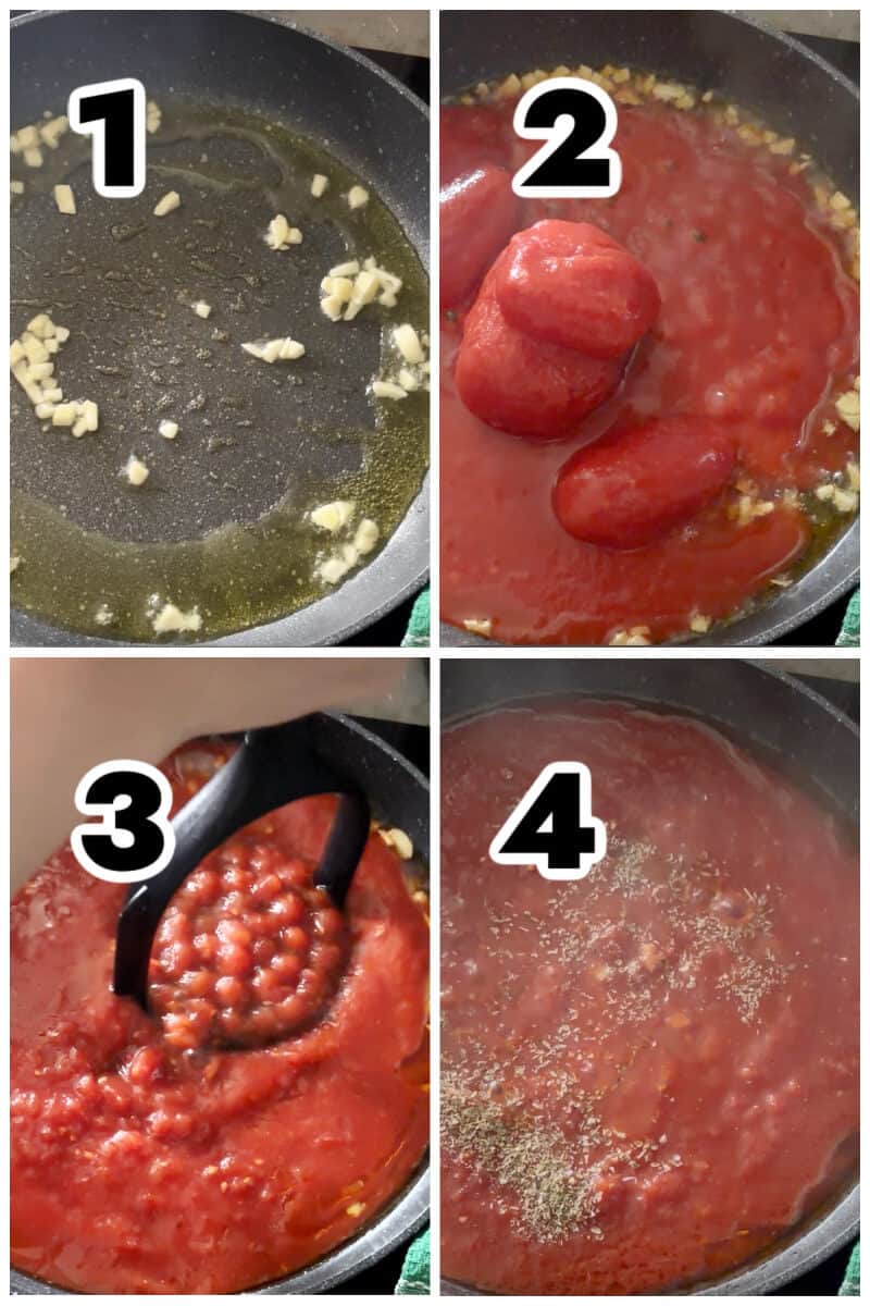 Collage of 4 photos to show how to make marinara sauce.