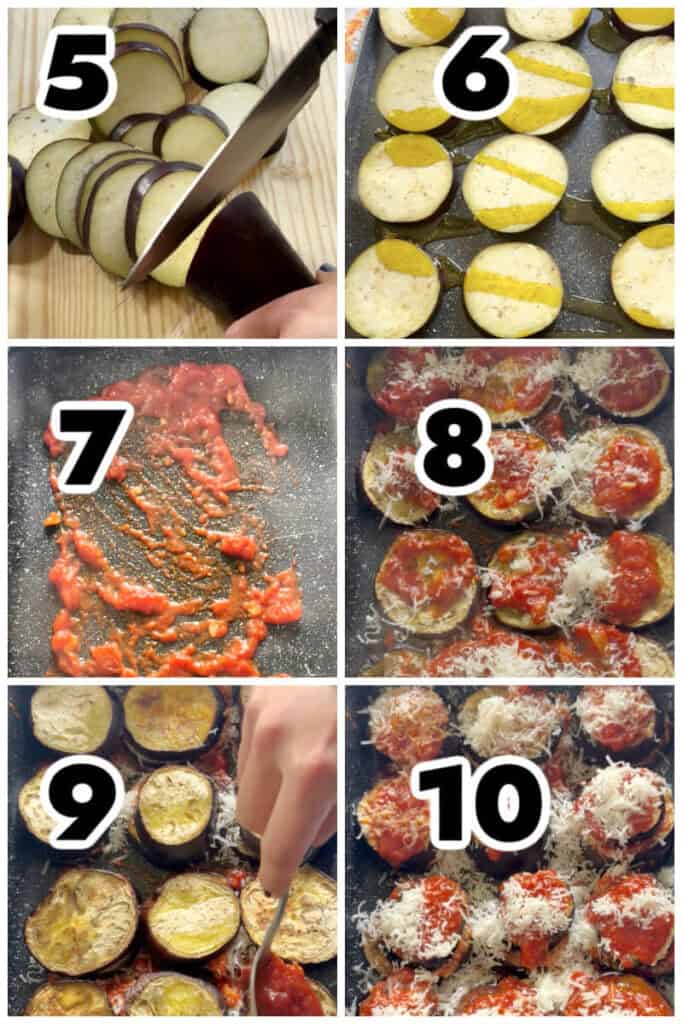 Collage of 6 photos to show how to make aubergine stacks.