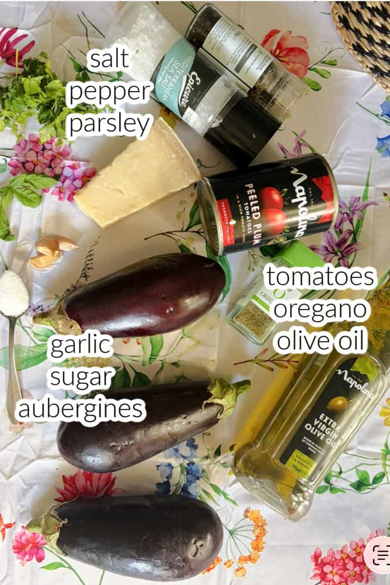Ingredients displayed on the table for making eggplant stacks.