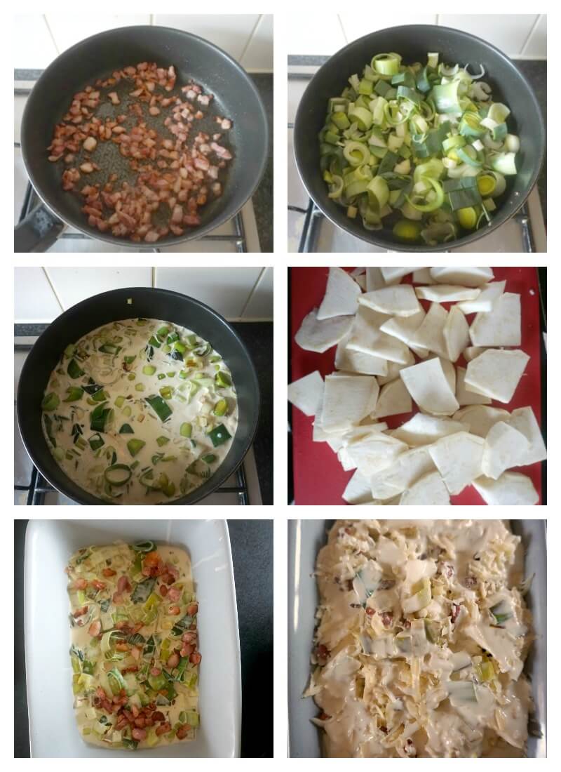 Collage of 6 photos to show step-by-step instructions on how to make a celeriac gratin with leeks and bacon.