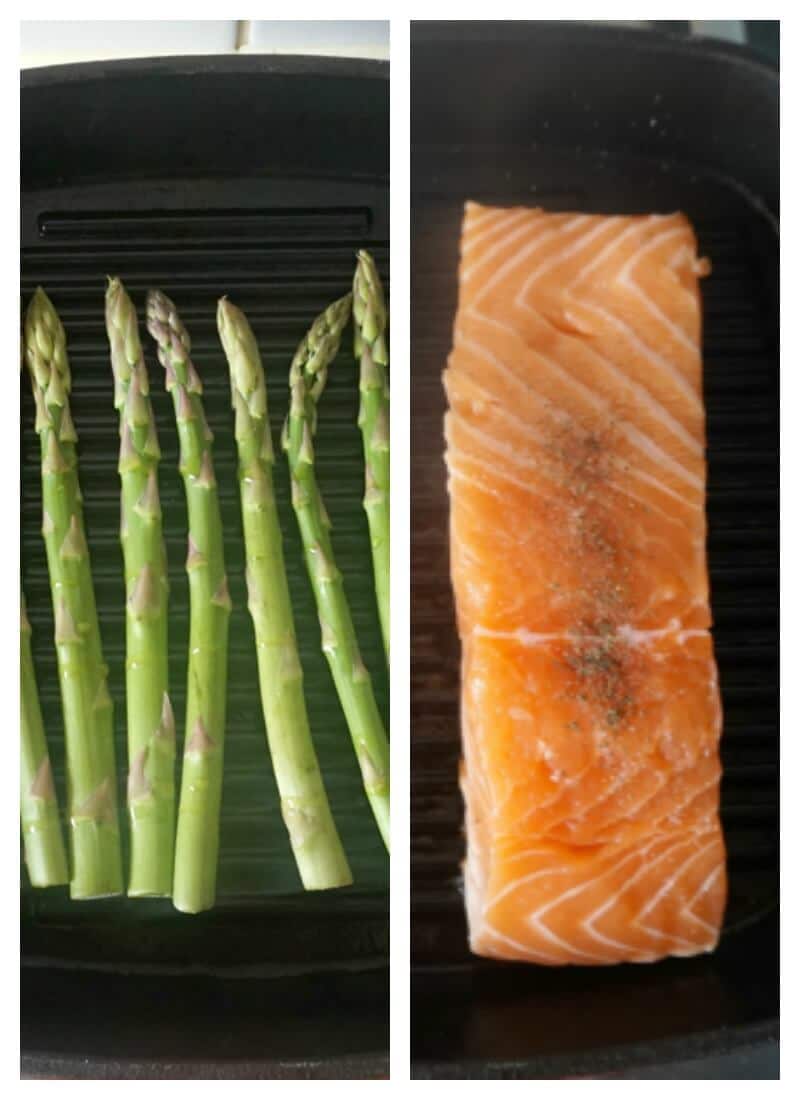 Collage of 2 photos, on the left side asparagus tips on a grill pan, on the right side, a salmon fillet on a grill pan.