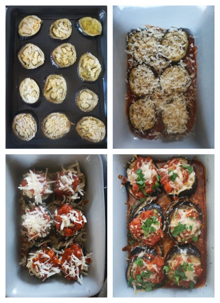 Collage of 4 photos to show how to make healthy baked eggplant parmesan stacks