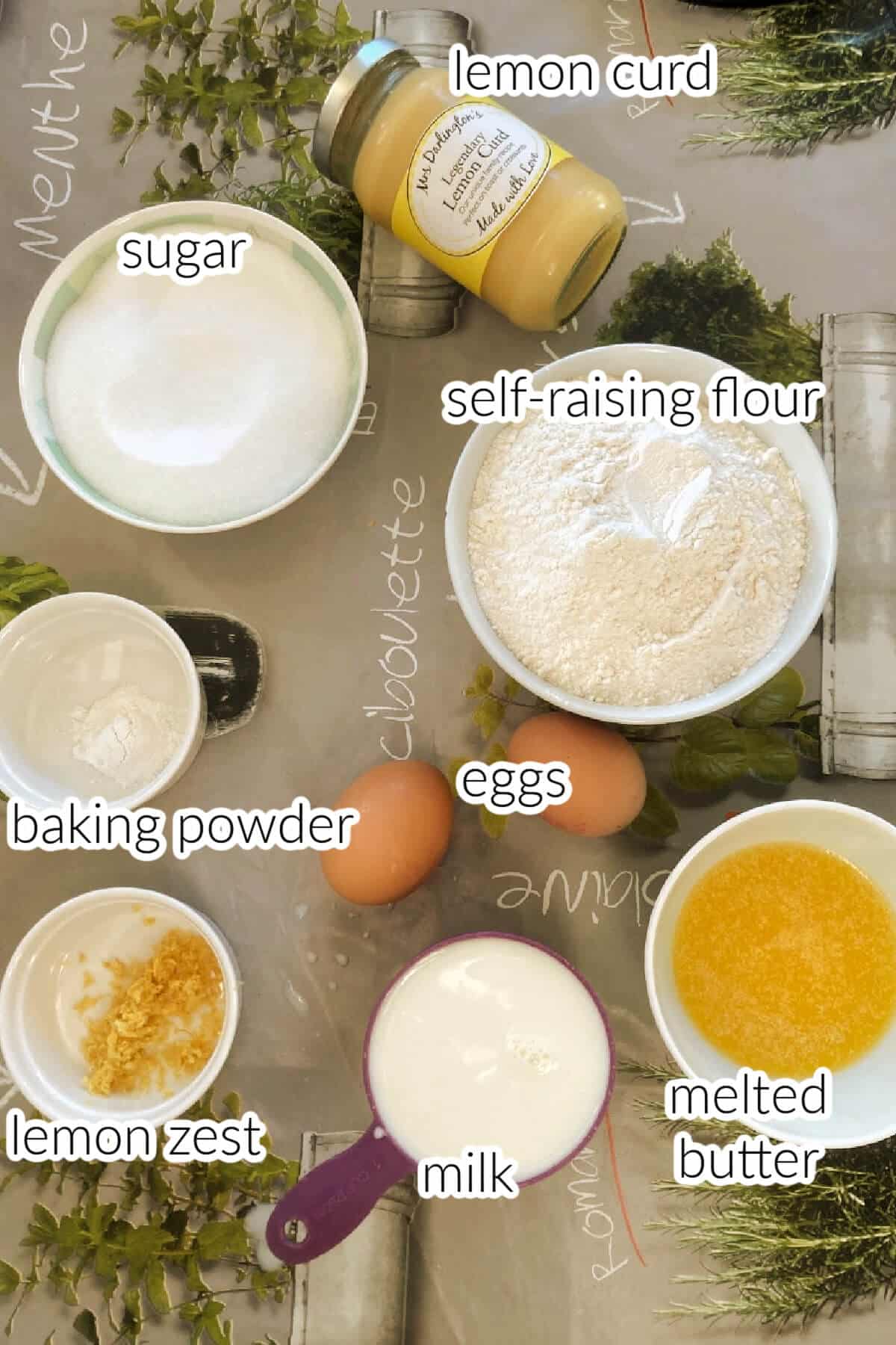 Ingredients needed to make lemon muffins.