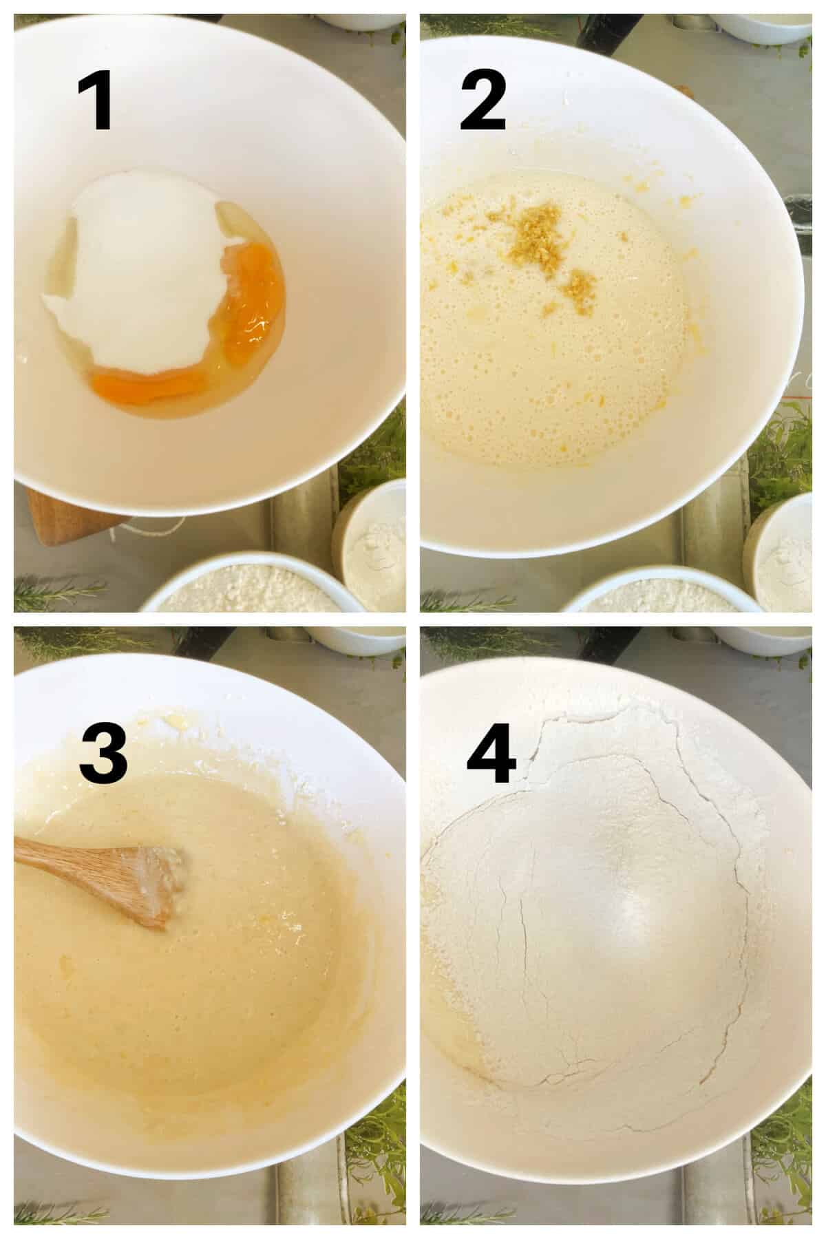 Collage of 4 photos to show how to make lemon drizzle muffins.