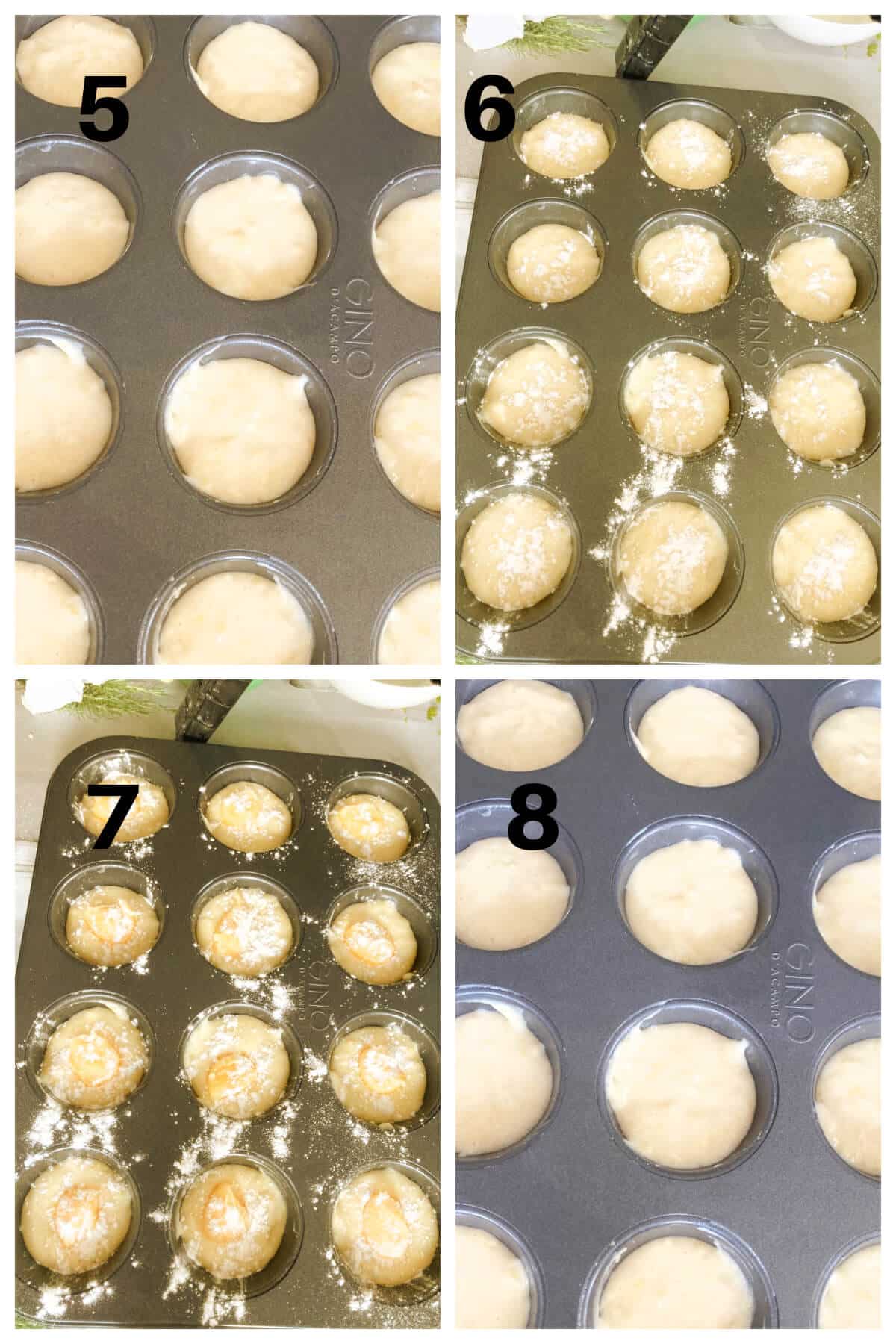 Collage of 4 photos to show how to make lemon curd muffins.