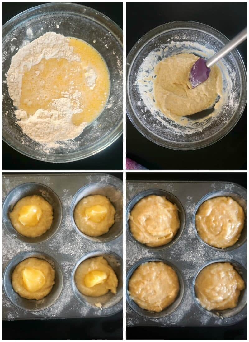 Collage of 4 photos to show how to make lemon drizzle muffins with lemon curd