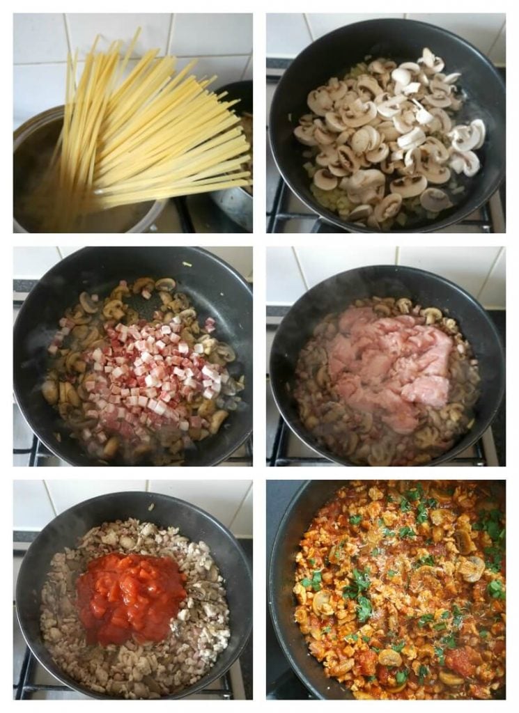 Collage of 6 photos to show how to make pasta with pancetta, mushrooms and chicken