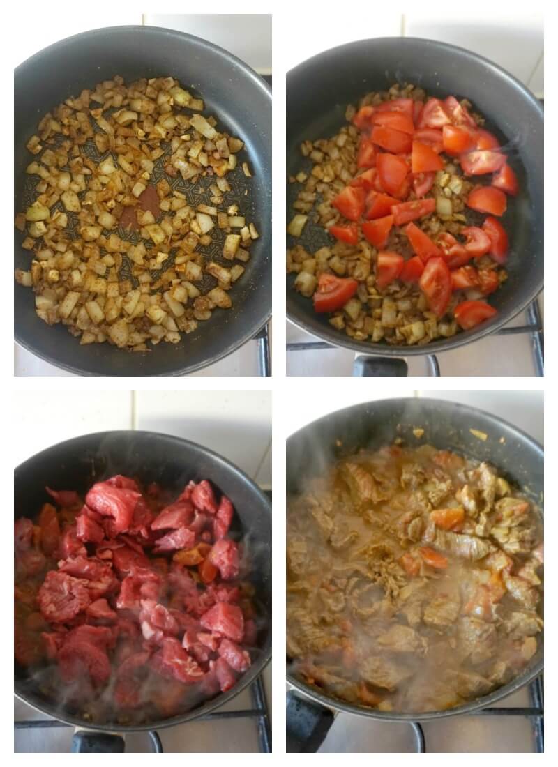 Collage of 4 photos to show how to make beef curry.