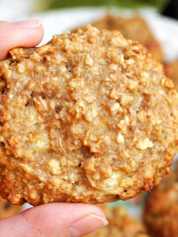 A hand showing an oatmeal cookie