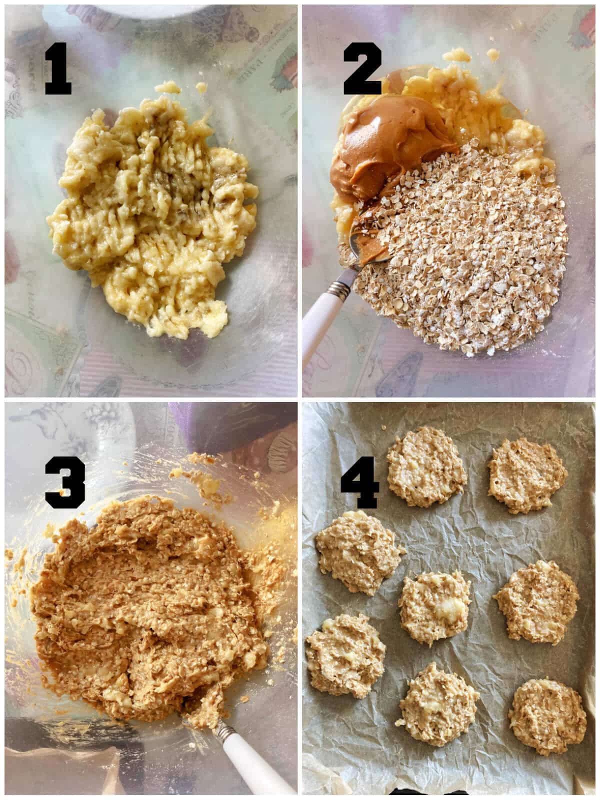 Collage of 4 photos to show how to make oatmeal cookies.