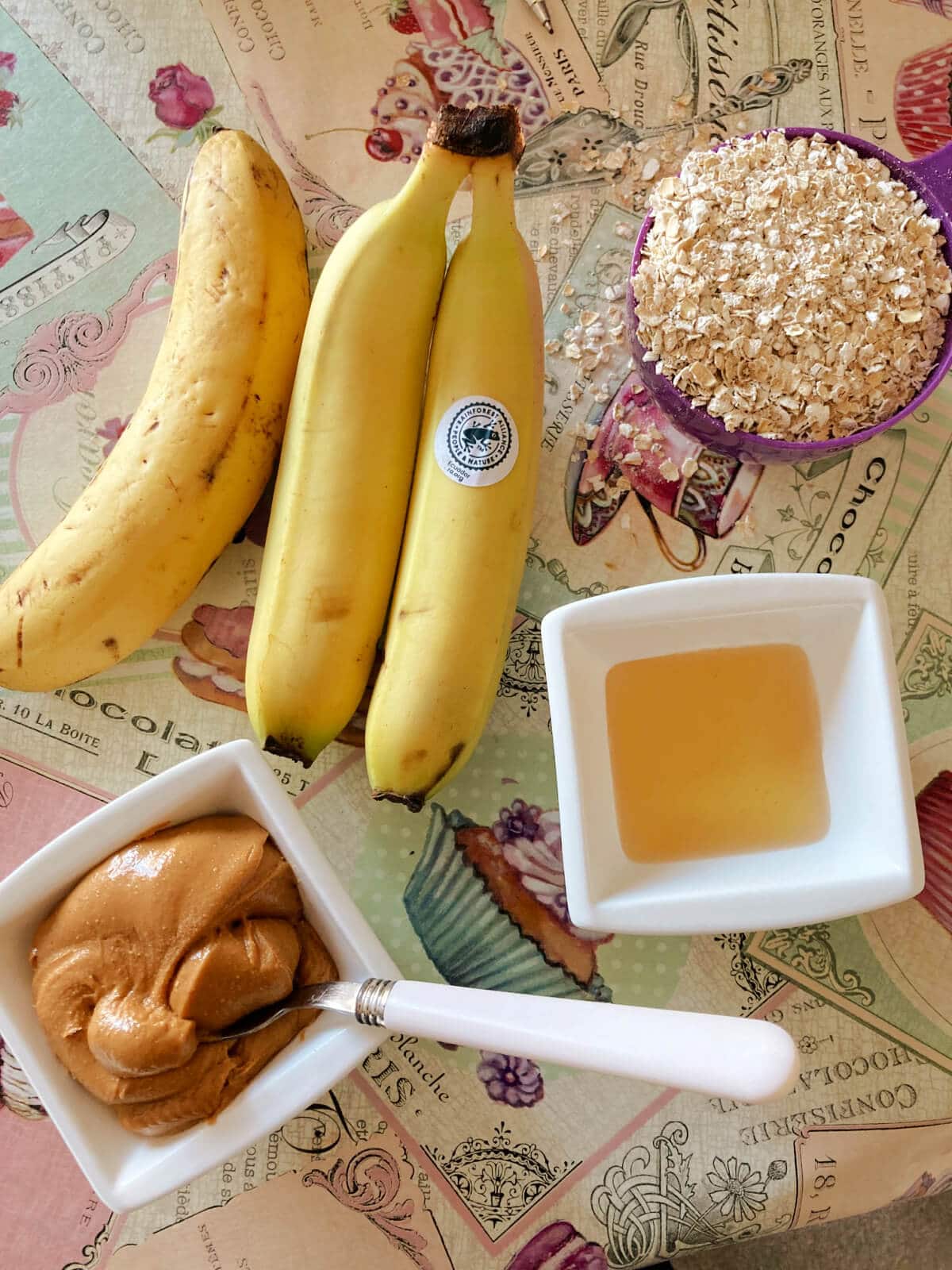 Overhead shoot with ingredients needed for banana cookies