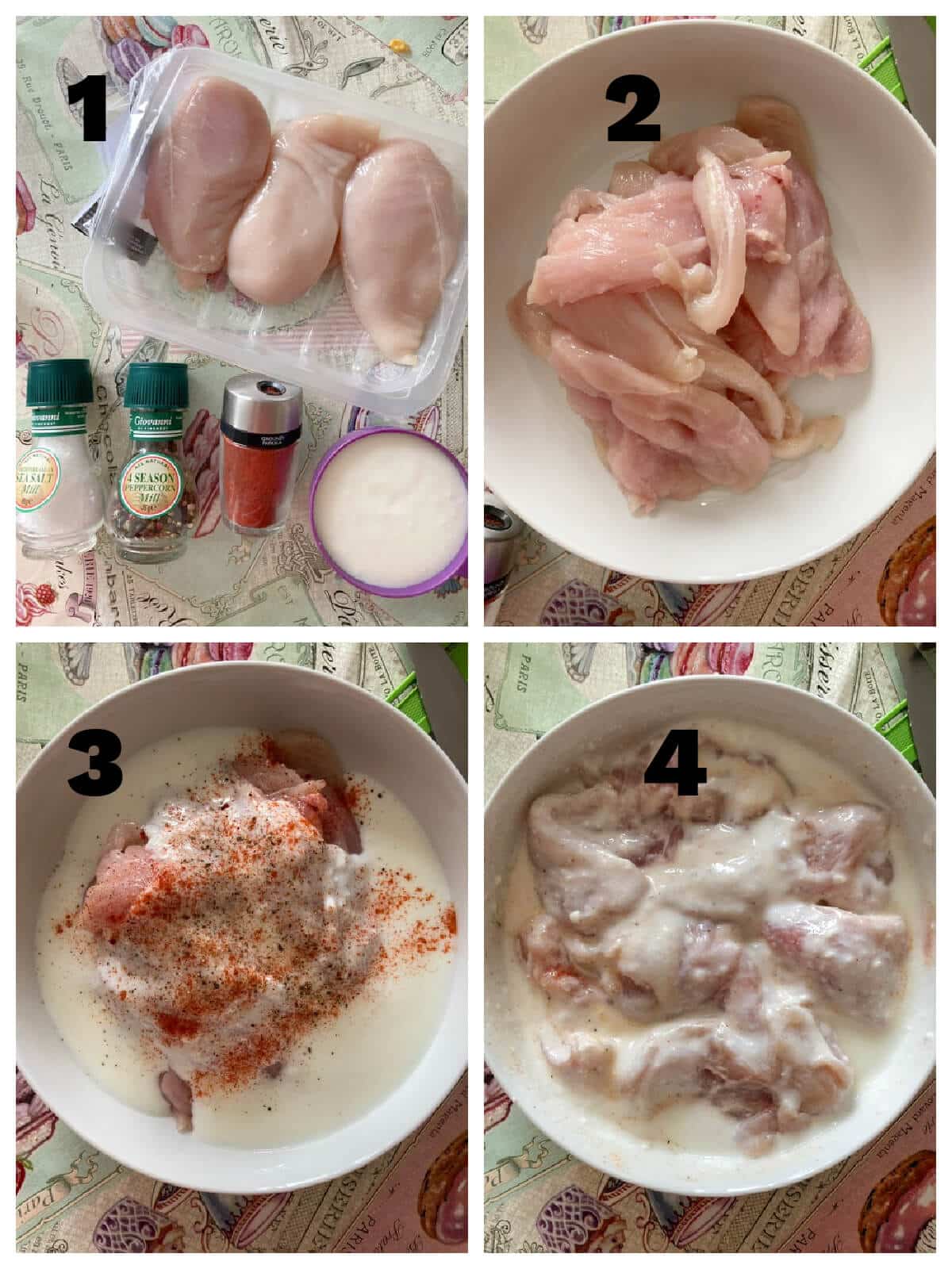 Collage of 4 photos to show how to marinade the buttermilk chicken.