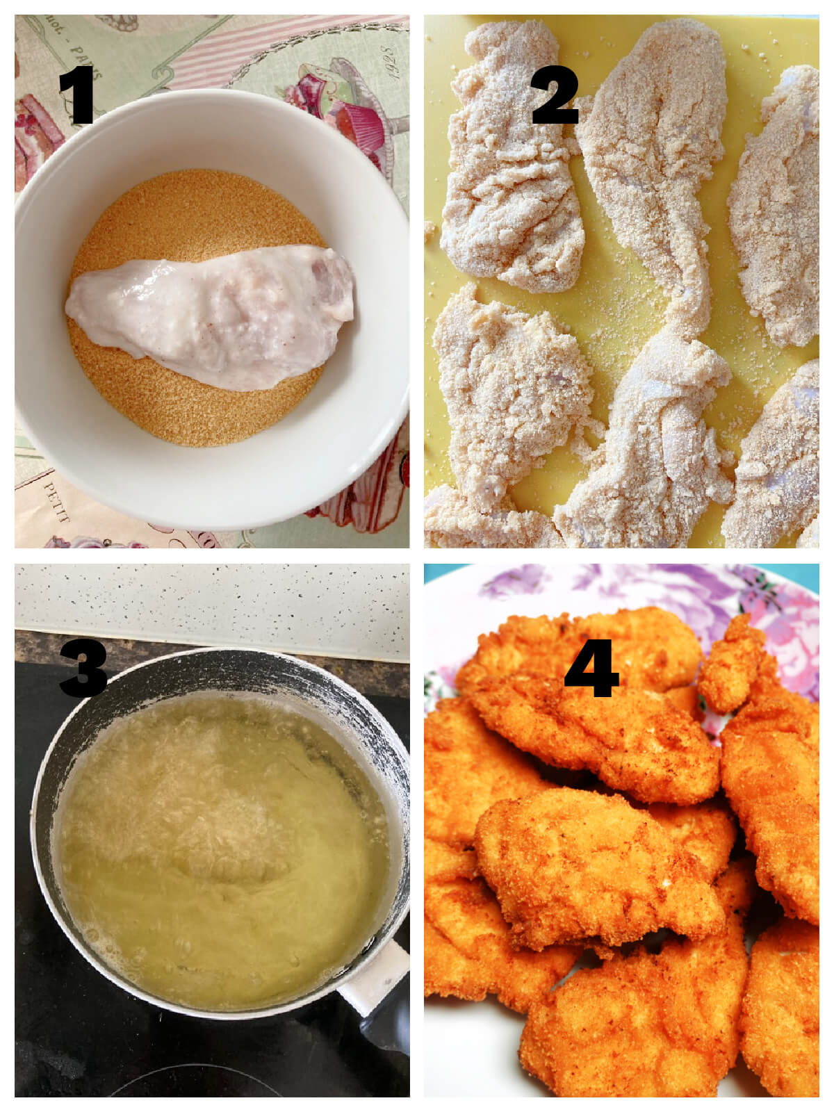 Collage of 4 photos to show how to fry coated chicken.
