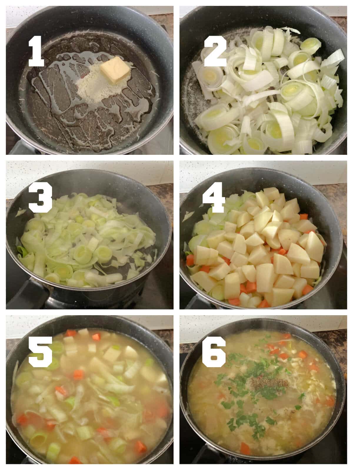 Collage of 6 photos to show how to make chunky leek and potato soup.