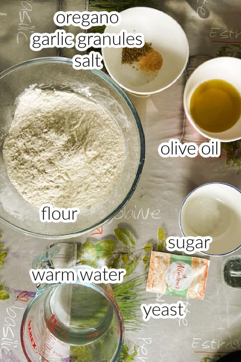 Ingredients needed to make pizza dough.