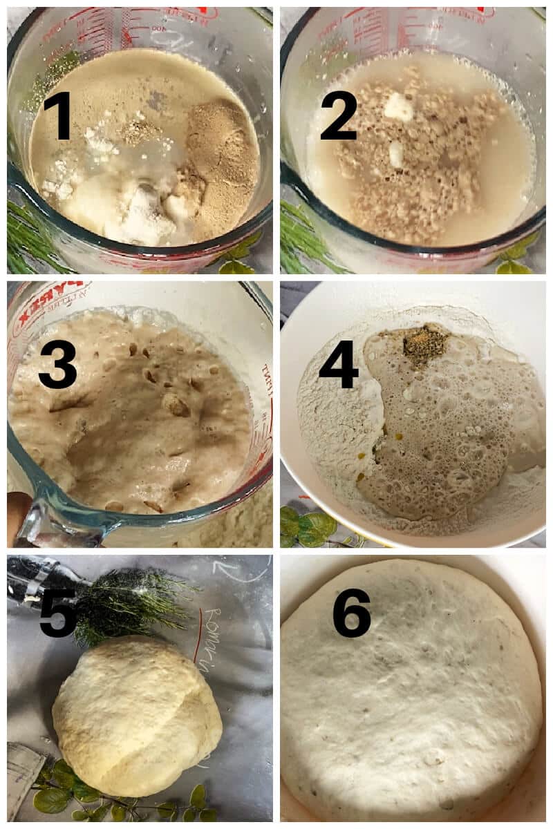 Collage of 6 photos to show how to make pizza dough.