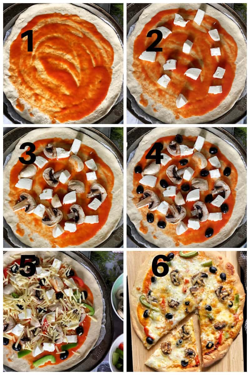 Collage of 6 photos to show how to assemble a pizza.