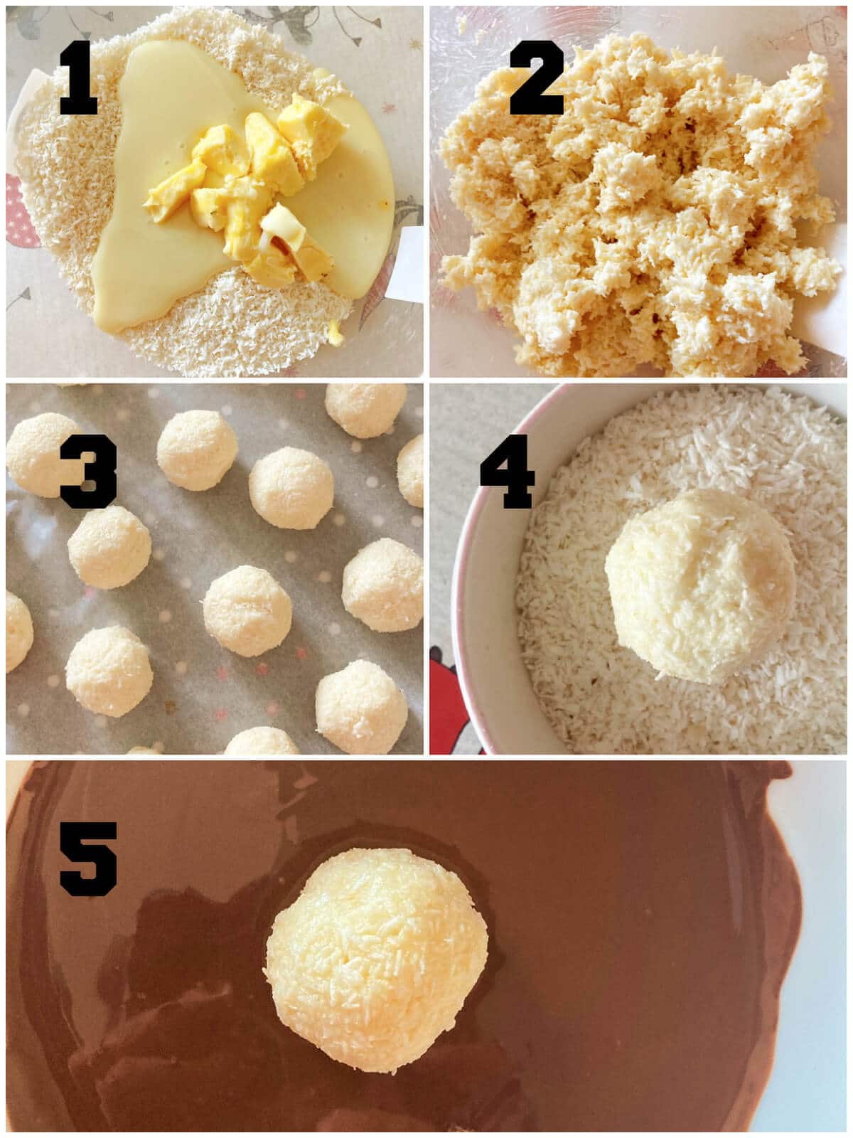 Collage of 5 photos to show how to make coconut balls.