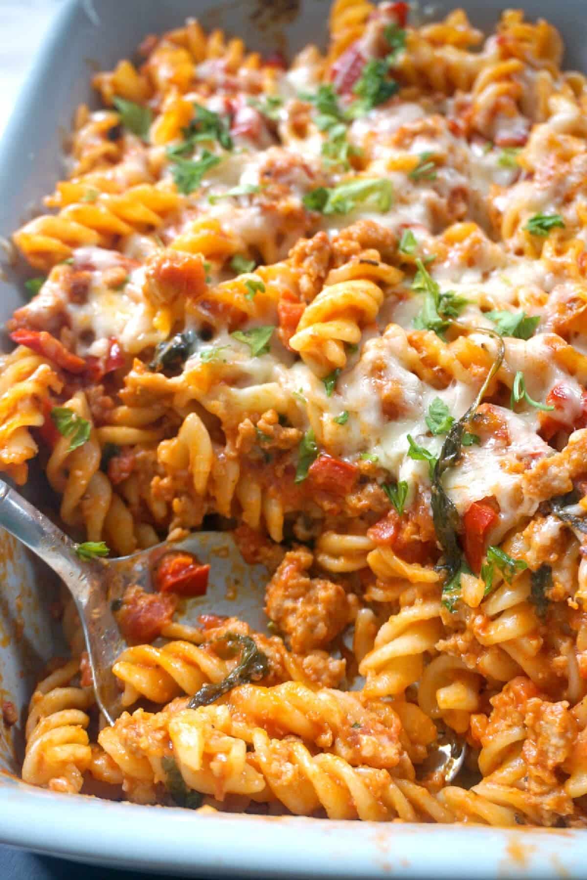 A dish with sausage and pasta casserole.