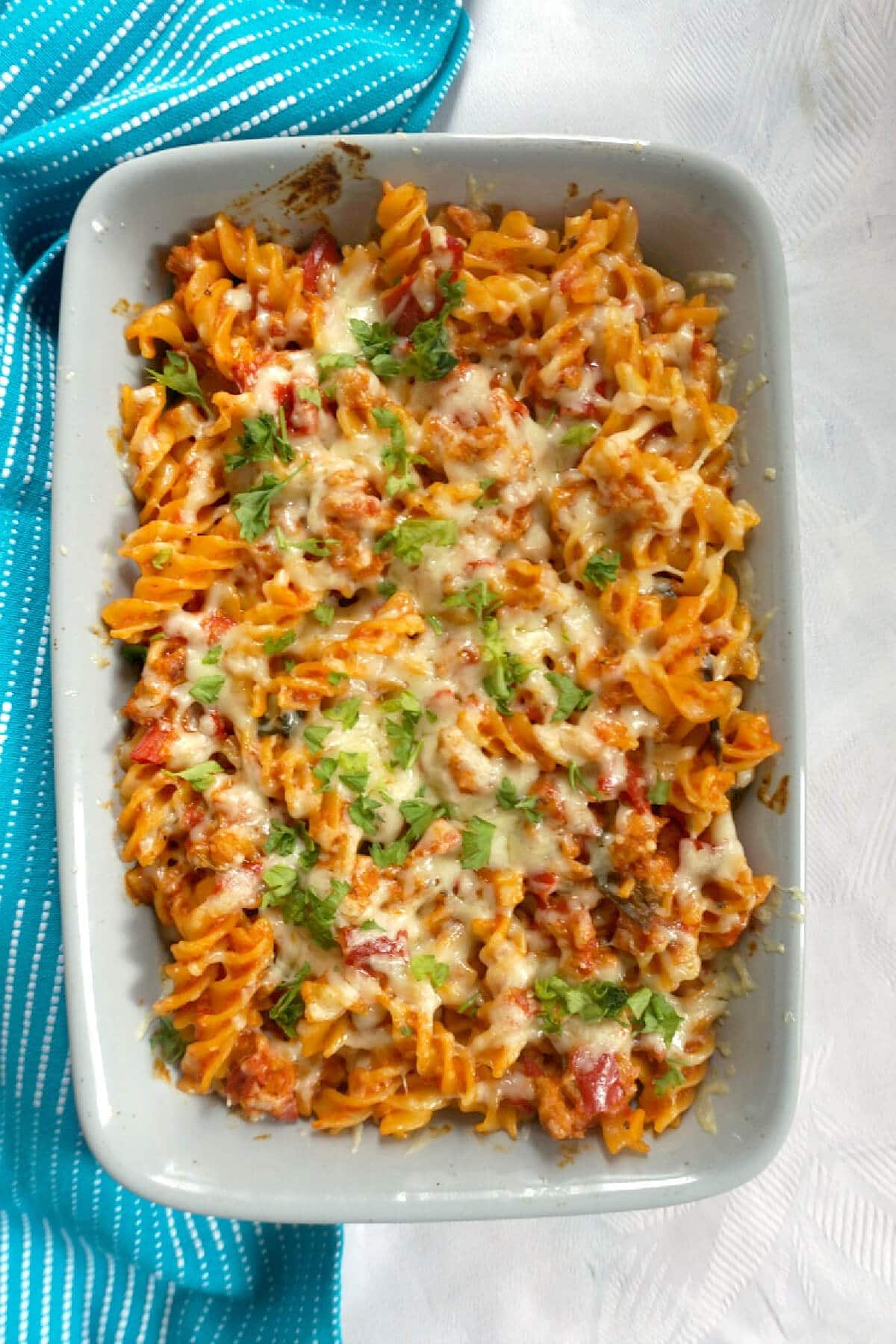 Overhead shoot of a dish with pasta bake.