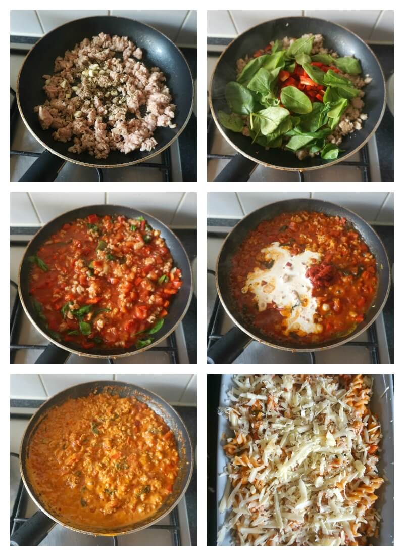 Collage of 6 photos to show step-by-step instructions how to make Italian sausage pasta bake.