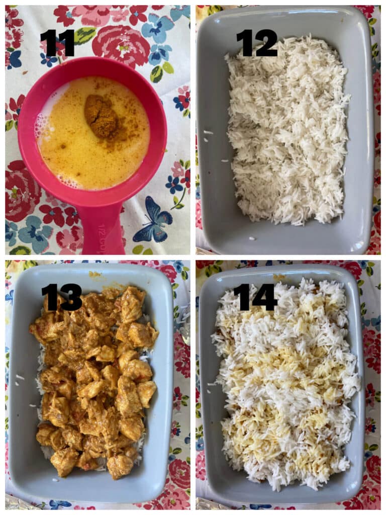 Collage of 4 photos to show how to make chicken biryani